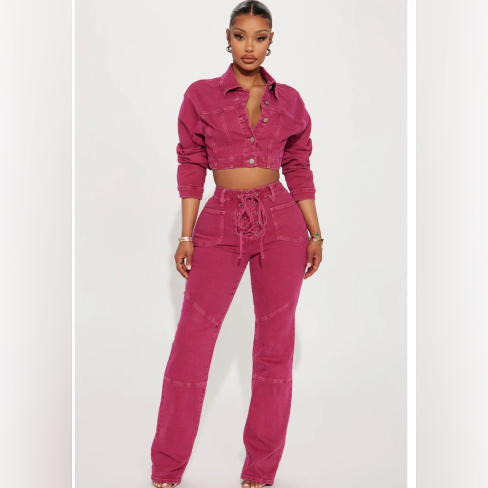 Oasis Lace Up Straight Leg Jeans and Cropped Jacket - Pink